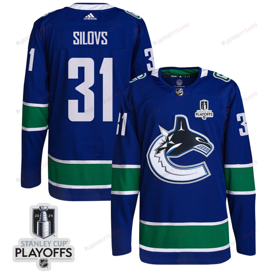 Arturs Silovs 31 Vancouver Canucks 2024 NHL Playoffs Patch Home Jersey - Men, Blue