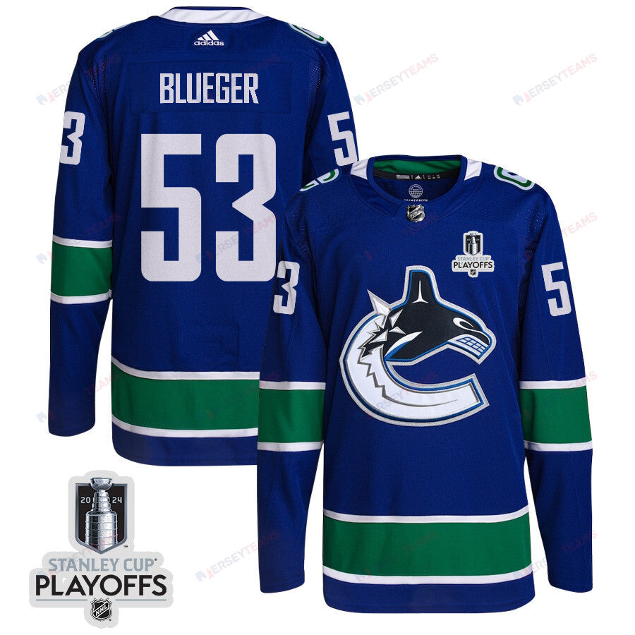 Teddy Blueger 53 Vancouver Canucks 2024 NHL Playoffs Patch Home Jersey - Men, Blue