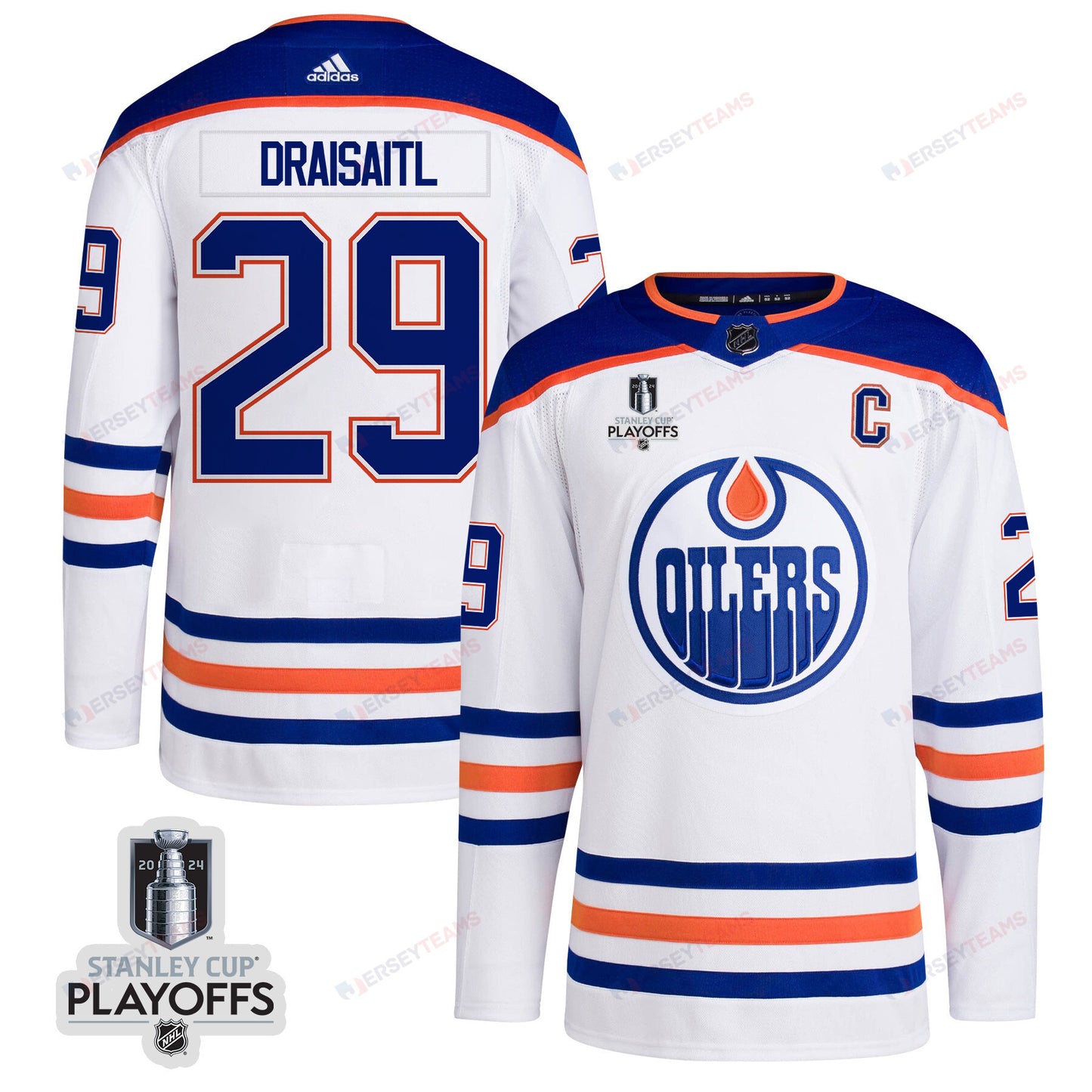Leon Draisaitl 29 Edmonton Oilers 2024 NHL Playoffs Patch Away Jersey - Men, White