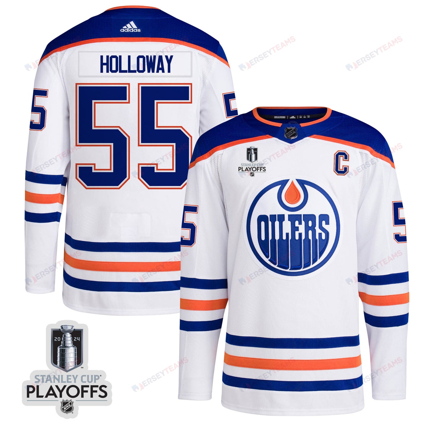 Dylan Holloway 55 Edmonton Oilers 2024 NHL Playoffs Patch Away Jersey - Men, White