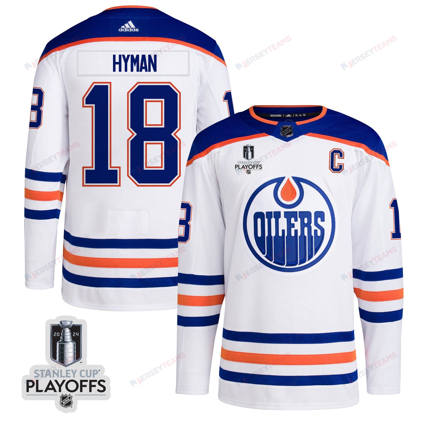 Zach Hyman 18 Edmonton Oilers 2024 NHL Playoffs Patch Away Jersey - Men, White