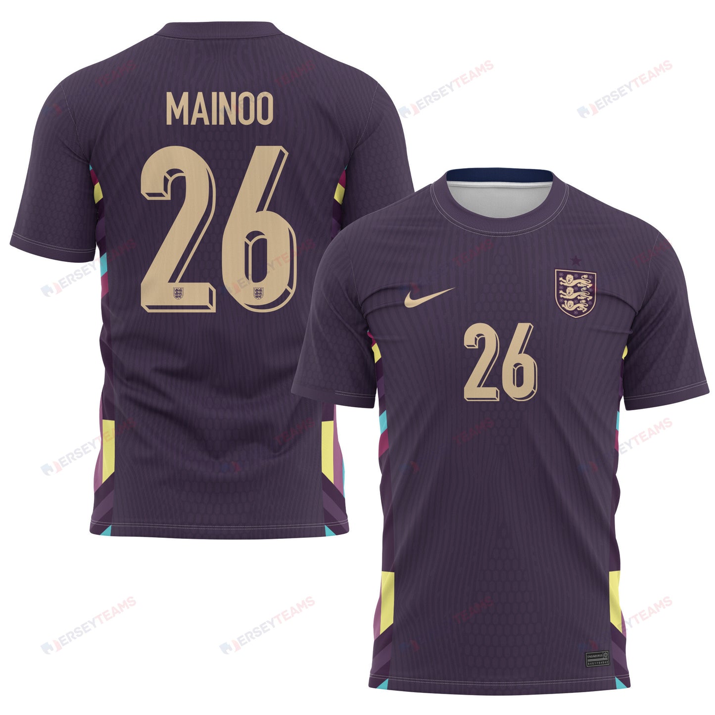 Kobbie Mainoo 26 England National Team 2024 Away Kits AOP T-shirt - Purple