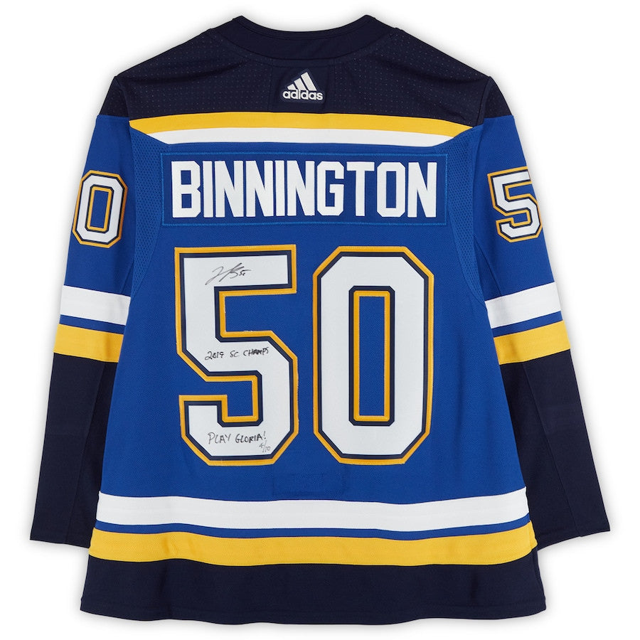 Jordan Binnington 50 Signed St. Louis Blues Autographed with 2019 Stanley Cup Final Patch & Multiple Inscriptions Jersey - Blue