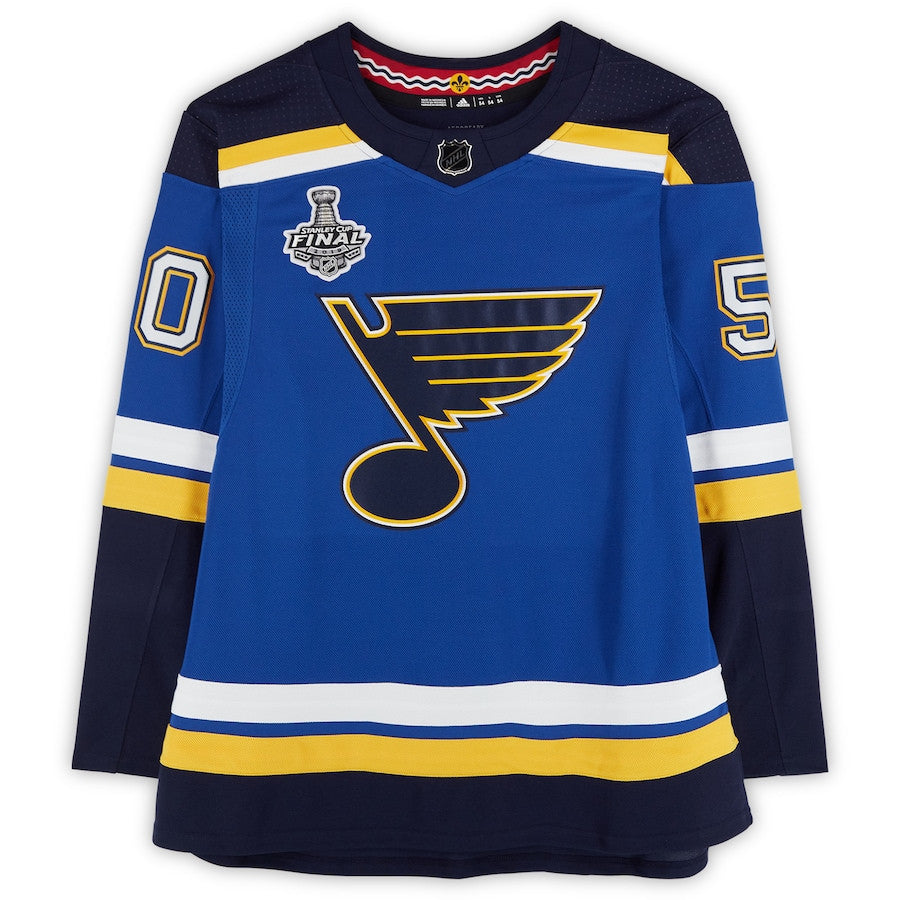 Jordan Binnington 50 Signed St. Louis Blues Autographed with 2019 Stanley Cup Final Patch & Multiple Inscriptions Jersey - Blue