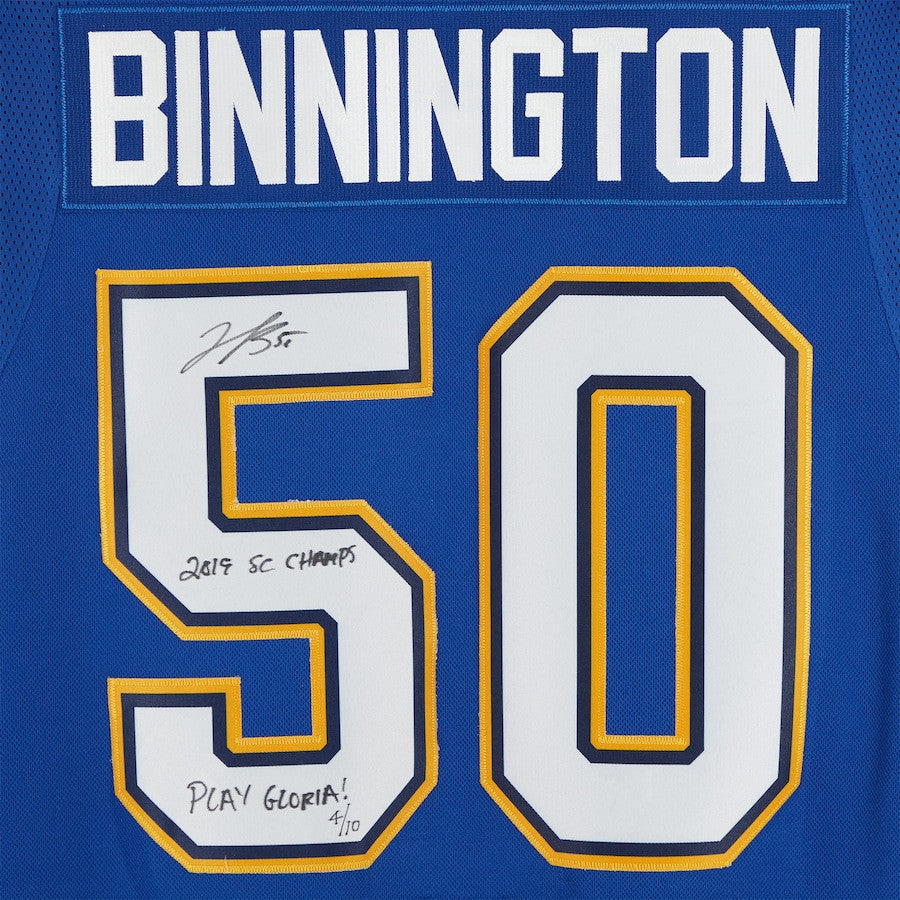 Jordan Binnington 50 Signed St. Louis Blues Autographed with 2019 Stanley Cup Final Patch & Multiple Inscriptions Jersey - Blue