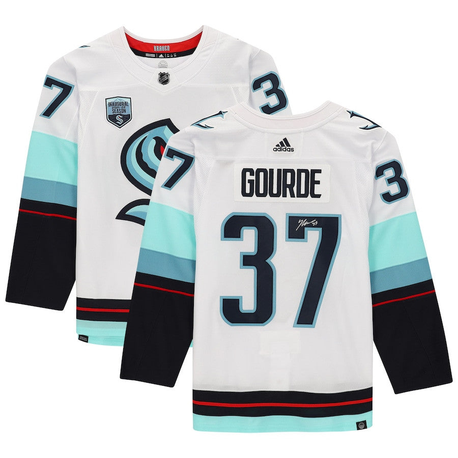 Yanni Gourde 37 Signed Seattle Kraken Autographed Inaugural Season Patch Jersey - White