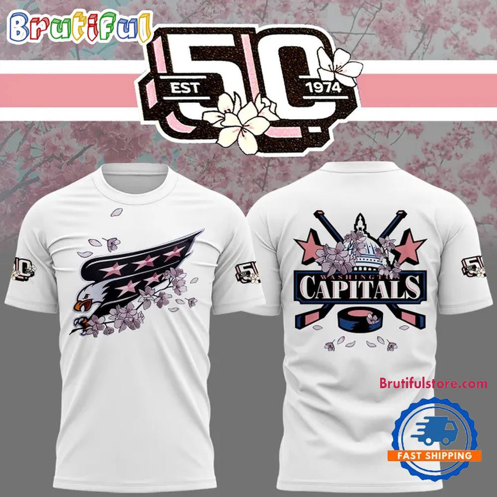Washington Capitals NHL 2025 Cherry Blossom All Over Printed T-shirt - White