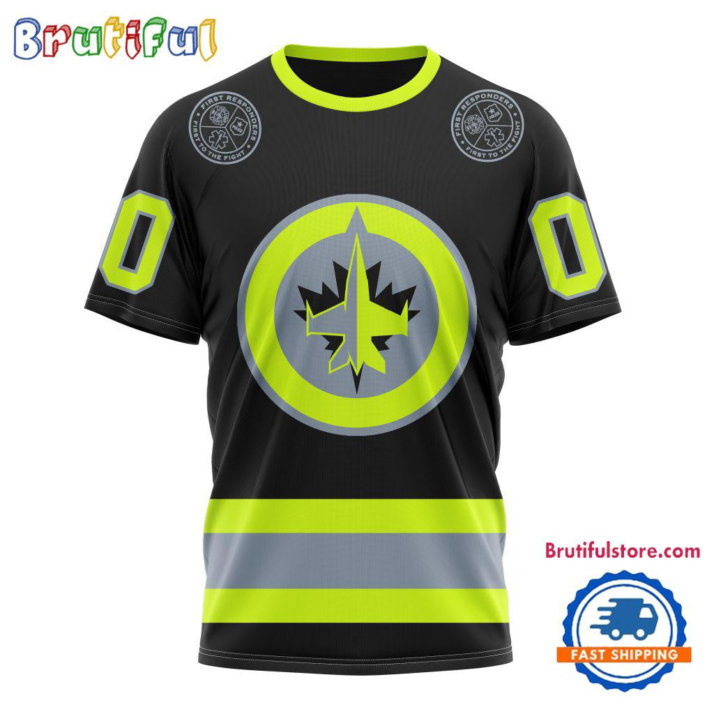Winnipeg Jets Specialized FireFighter Uniforms Color Design Custom Name Number All Over Printed T-shirt - Black