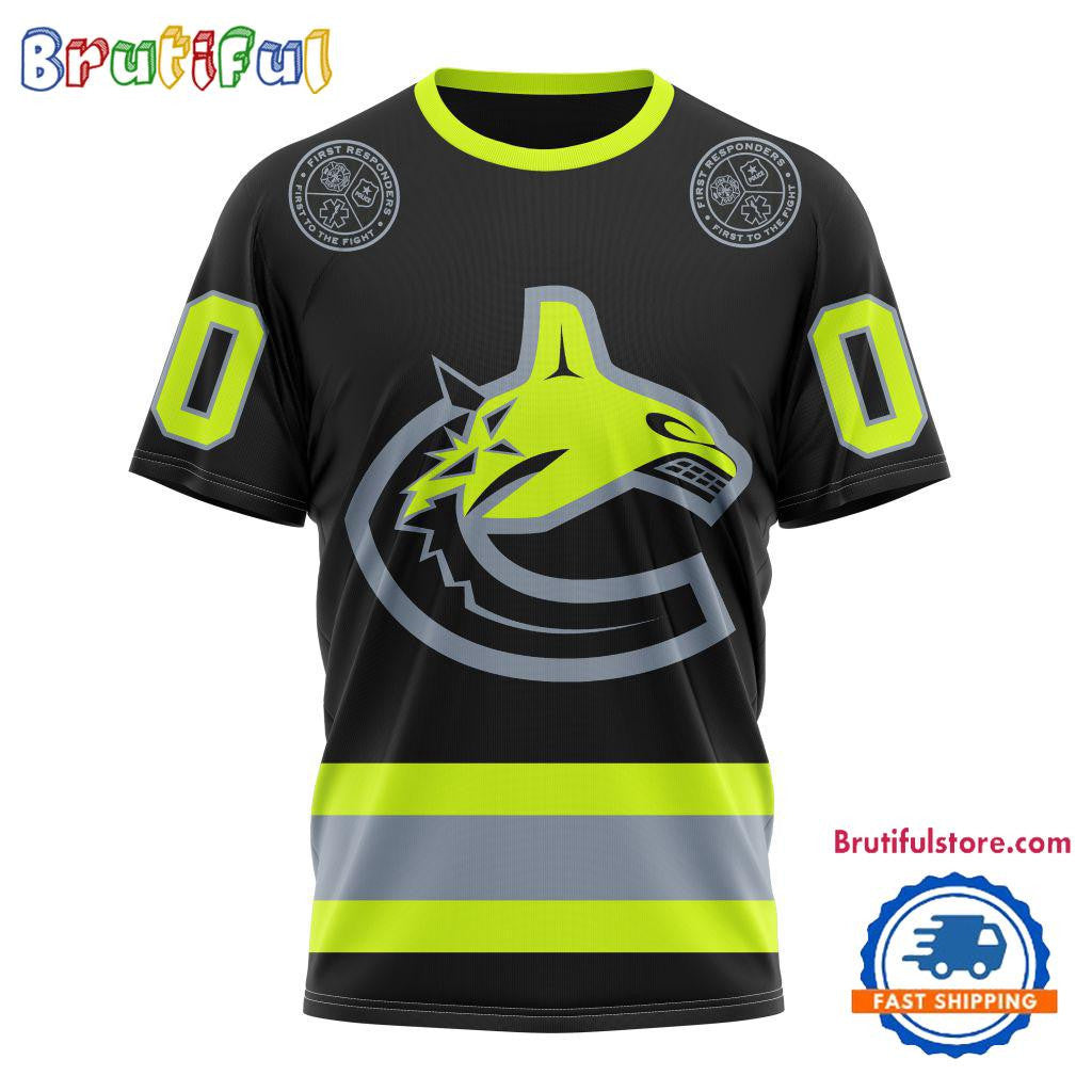 Vancouver Canucks Specialized FireFighter Uniforms Color Design Custom Name Number All Over Printed T-shirt - Black