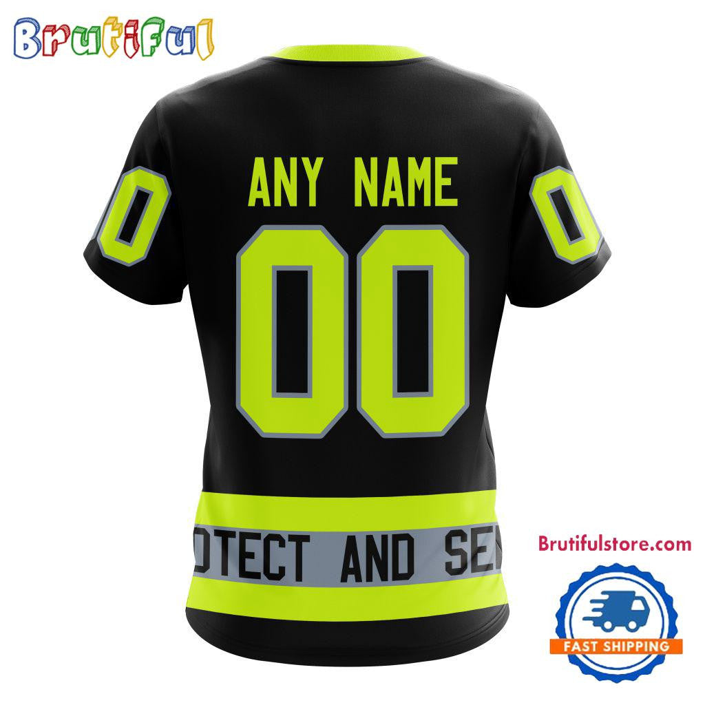 Vancouver Canucks Specialized FireFighter Uniforms Color Design Custom Name Number All Over Printed T-shirt - Black