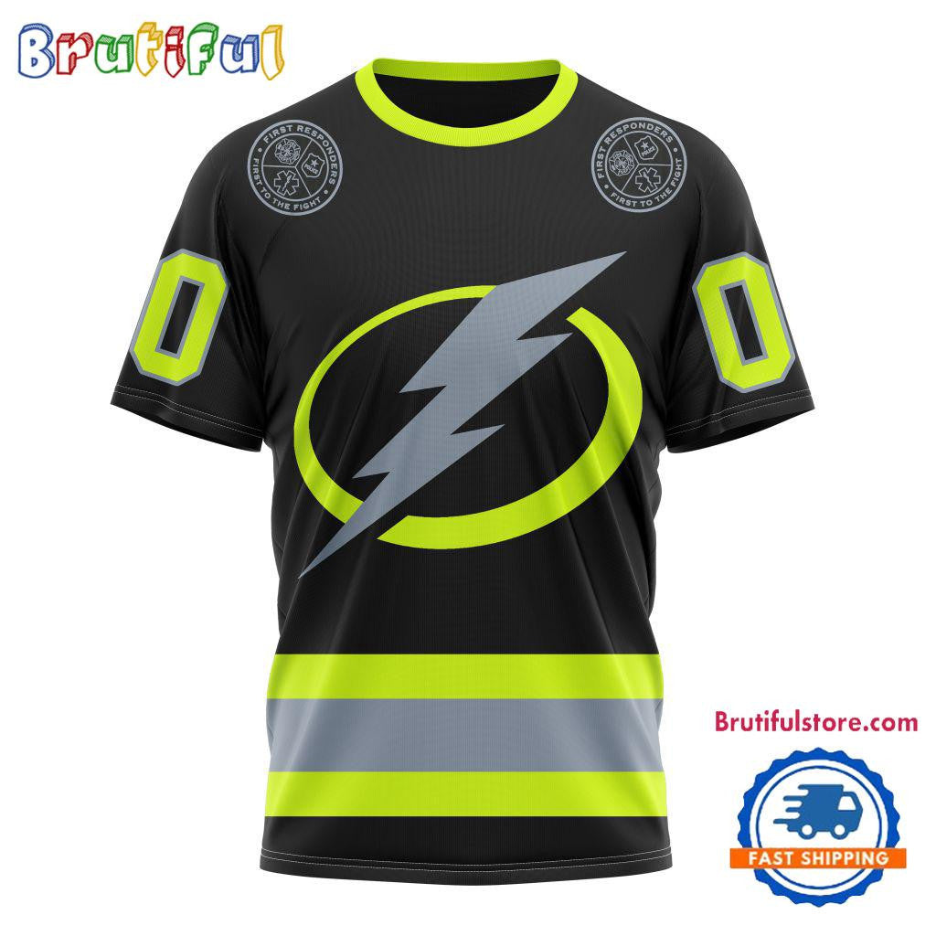 Tampa Bay Lightning Specialized FireFighter Uniforms Color Design Custom Name Number All Over Printed T-shirt - Black