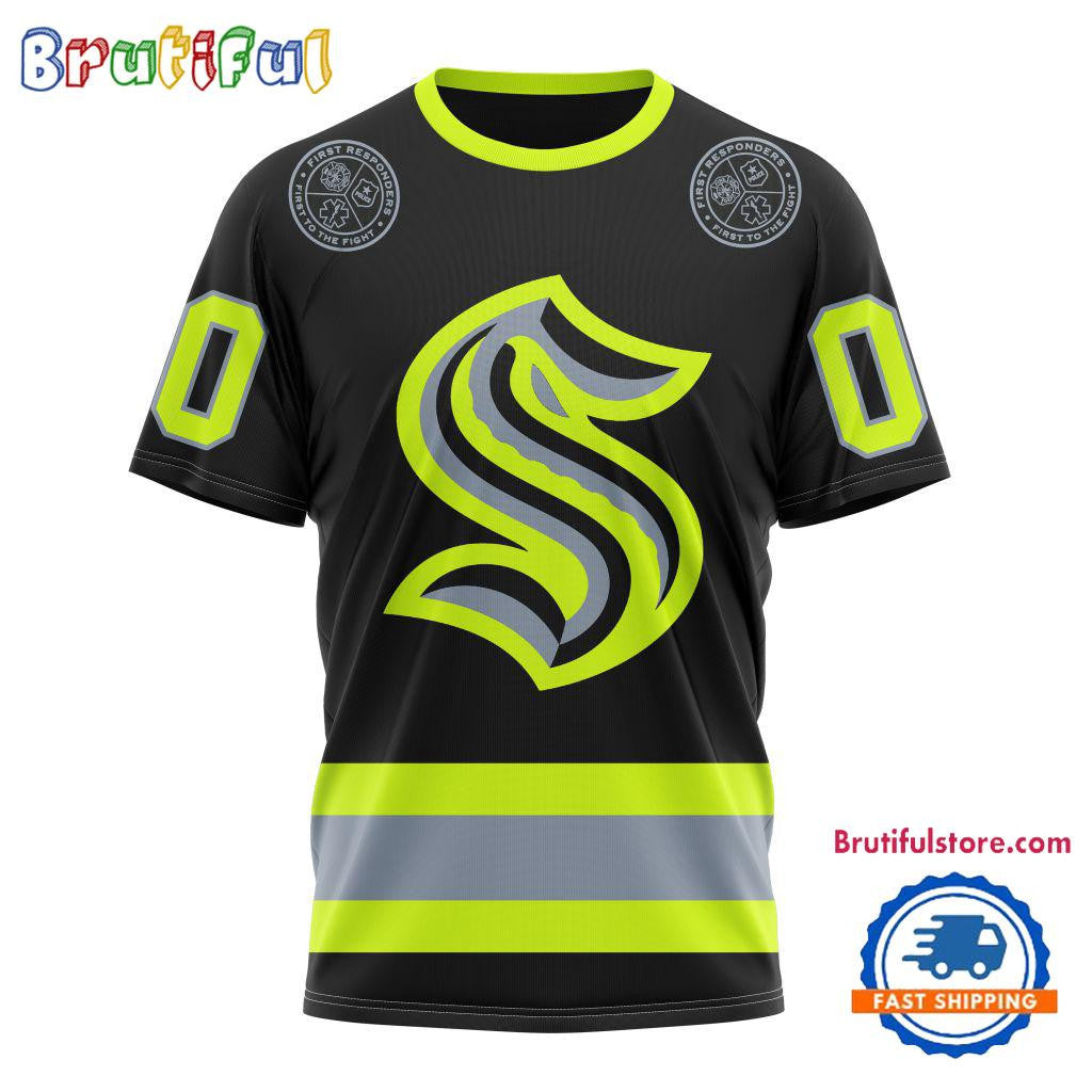 Seattle Kraken Specialized FireFighter Uniforms Color Design Custom Name Number All Over Printed T-shirt - Black