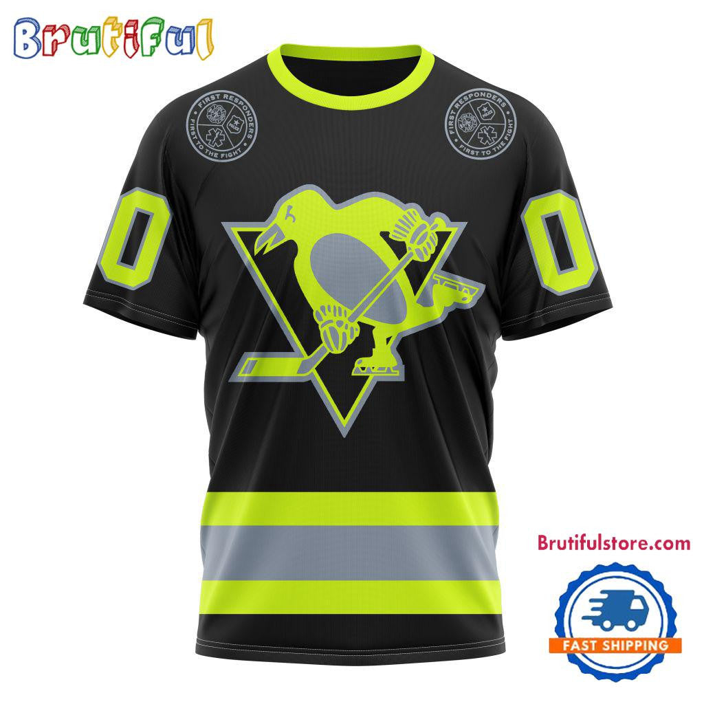 Pittsburgh Penguins Specialized FireFighter Uniforms Color Design Custom Name Number All Over Printed T-shirt - Black
