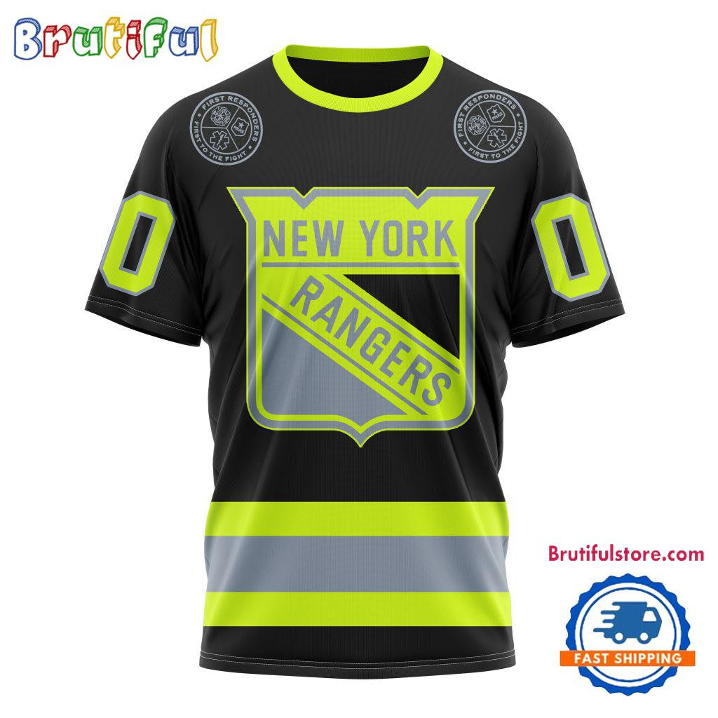 New York Rangers Specialized FireFighter Uniforms Color Design Custom Name Number All Over Printed T-shirt - Black