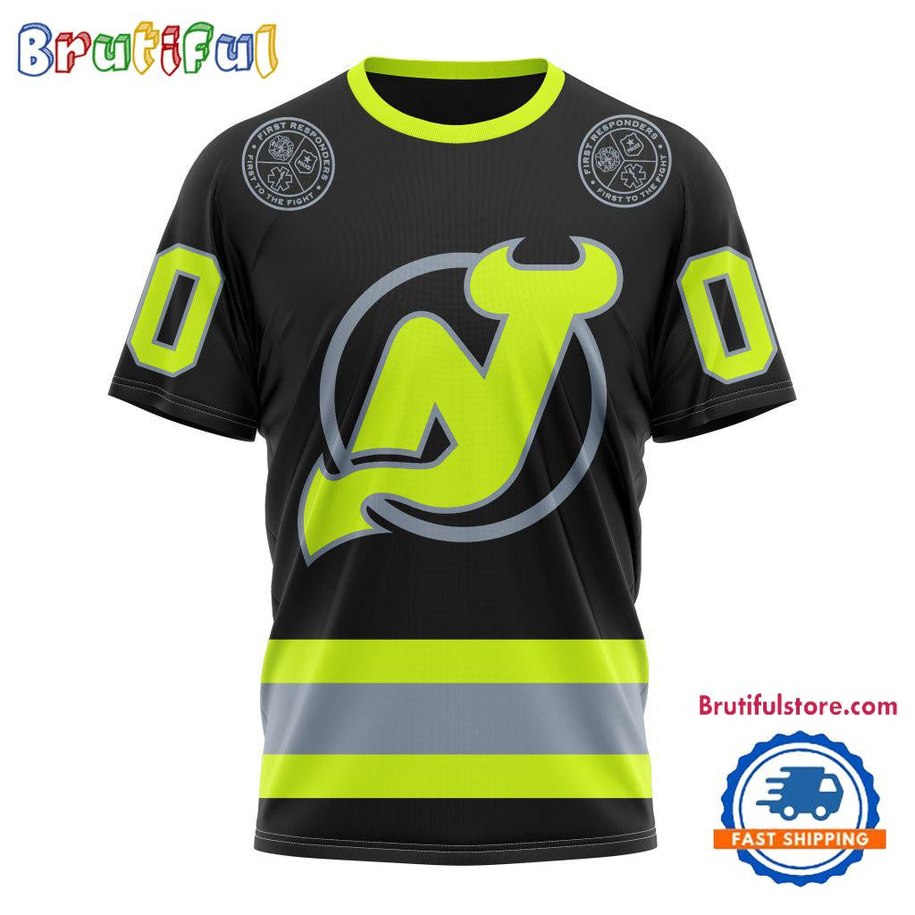 New Jersey Devils Specialized FireFighter Uniforms Color Design Custom Name Number All Over Printed T-shirt - Black