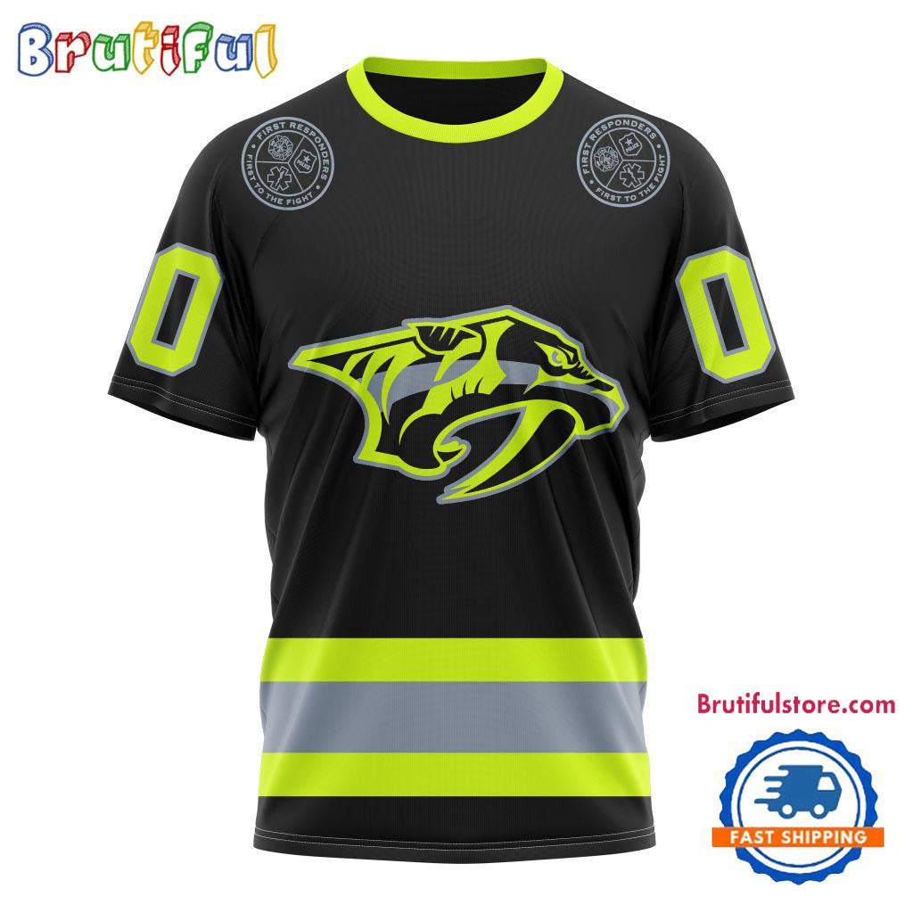Nashville Predators Specialized FireFighter Uniforms Color Design Custom Name Number All Over Printed T-shirt - Black