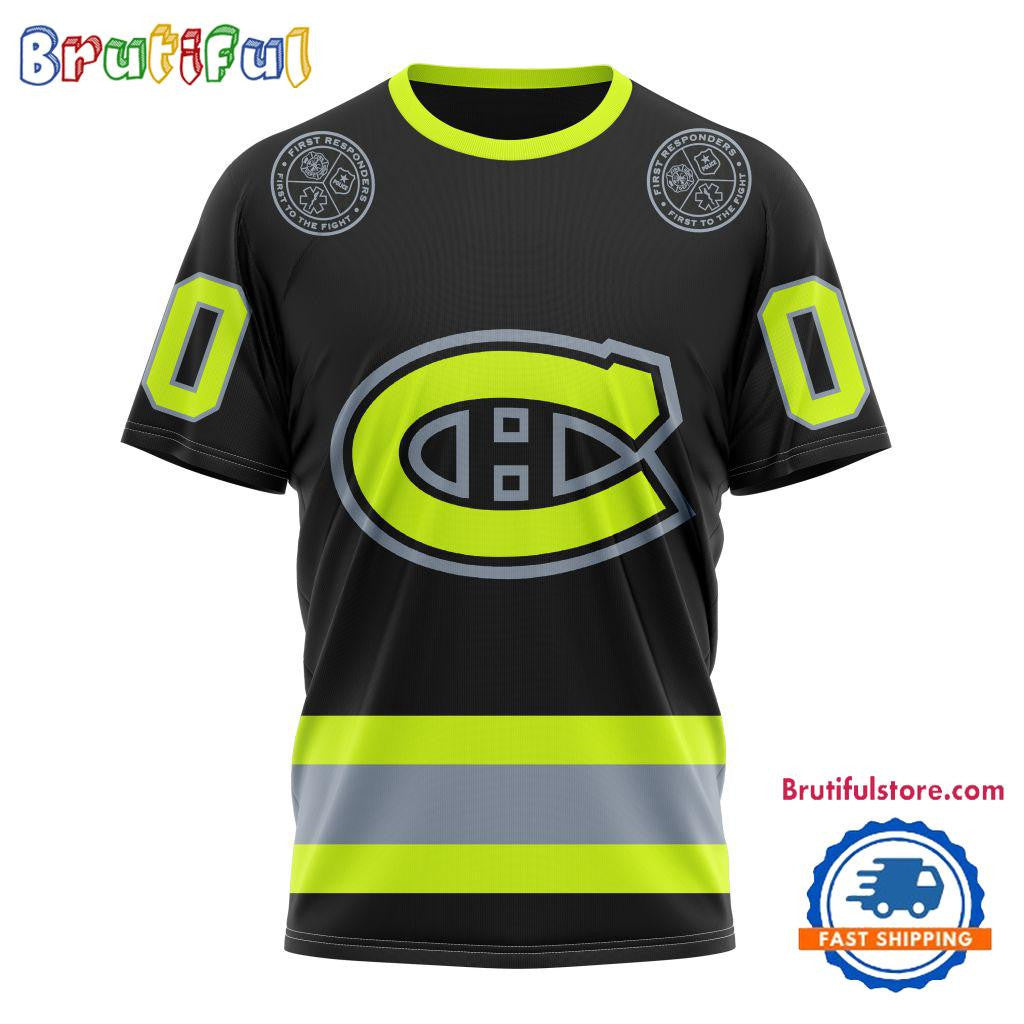 Montreal Canadiens Specialized FireFighter Uniforms Color Design Custom Name Number All Over Printed T-shirt - Black