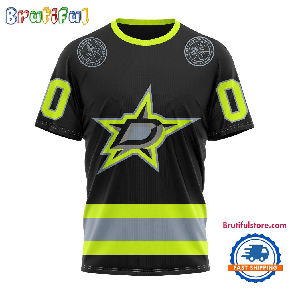 Dallas Stars Specialized FireFighter Uniforms Color Design Custom Name Number All Over Printed T-shirt - Black