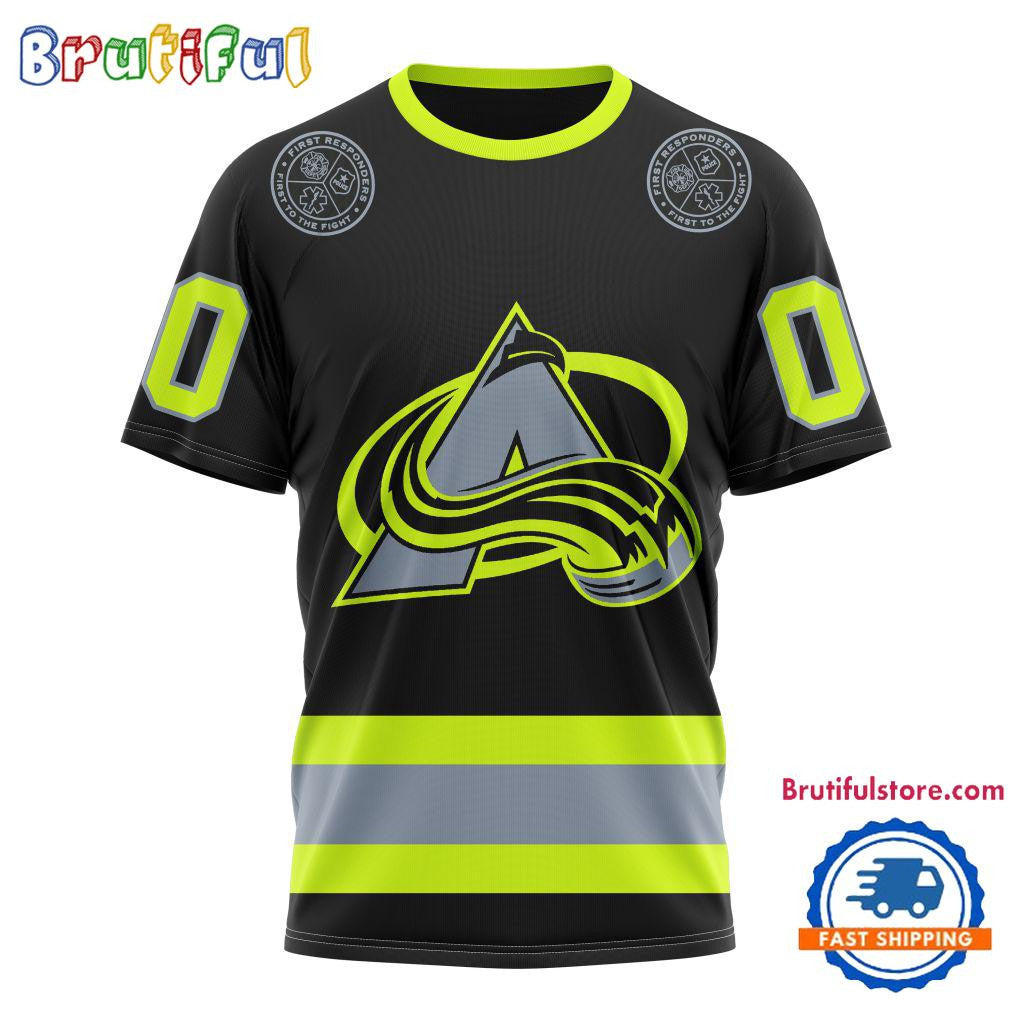 Colorado Avalanche Specialized FireFighter Uniforms Color Design Custom Name Number All Over Printed T-shirt - Black