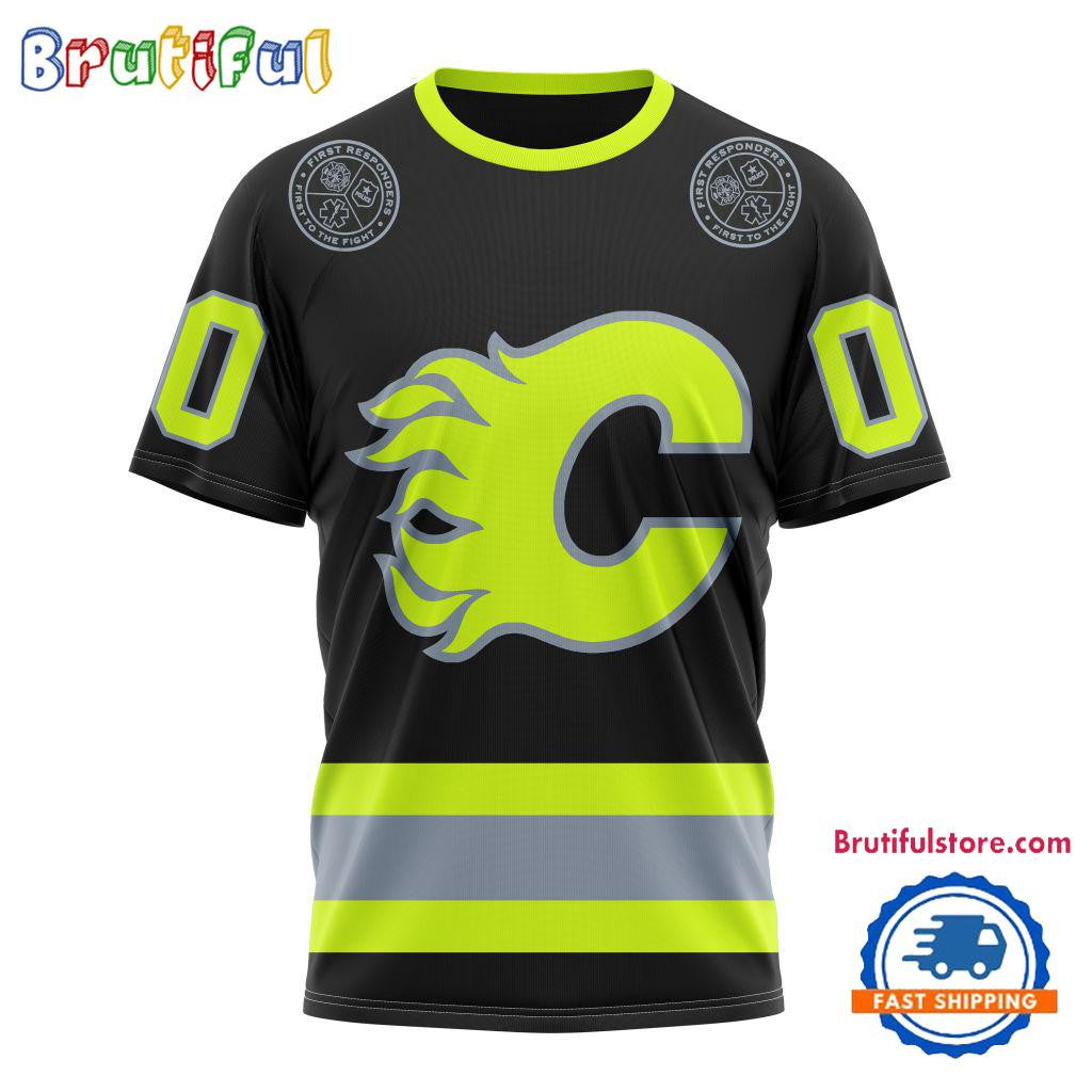 Calgary Flames Specialized FireFighter Uniforms Color Design Custom Name Number All Over Printed T-shirt - Black