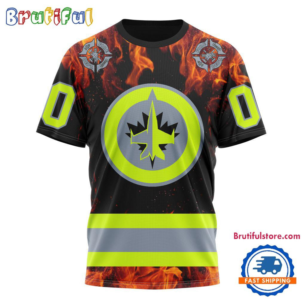 Winnipeg Jets Special Honoring Firefighters Custom Name Number All Over Printed T-shirt - Black