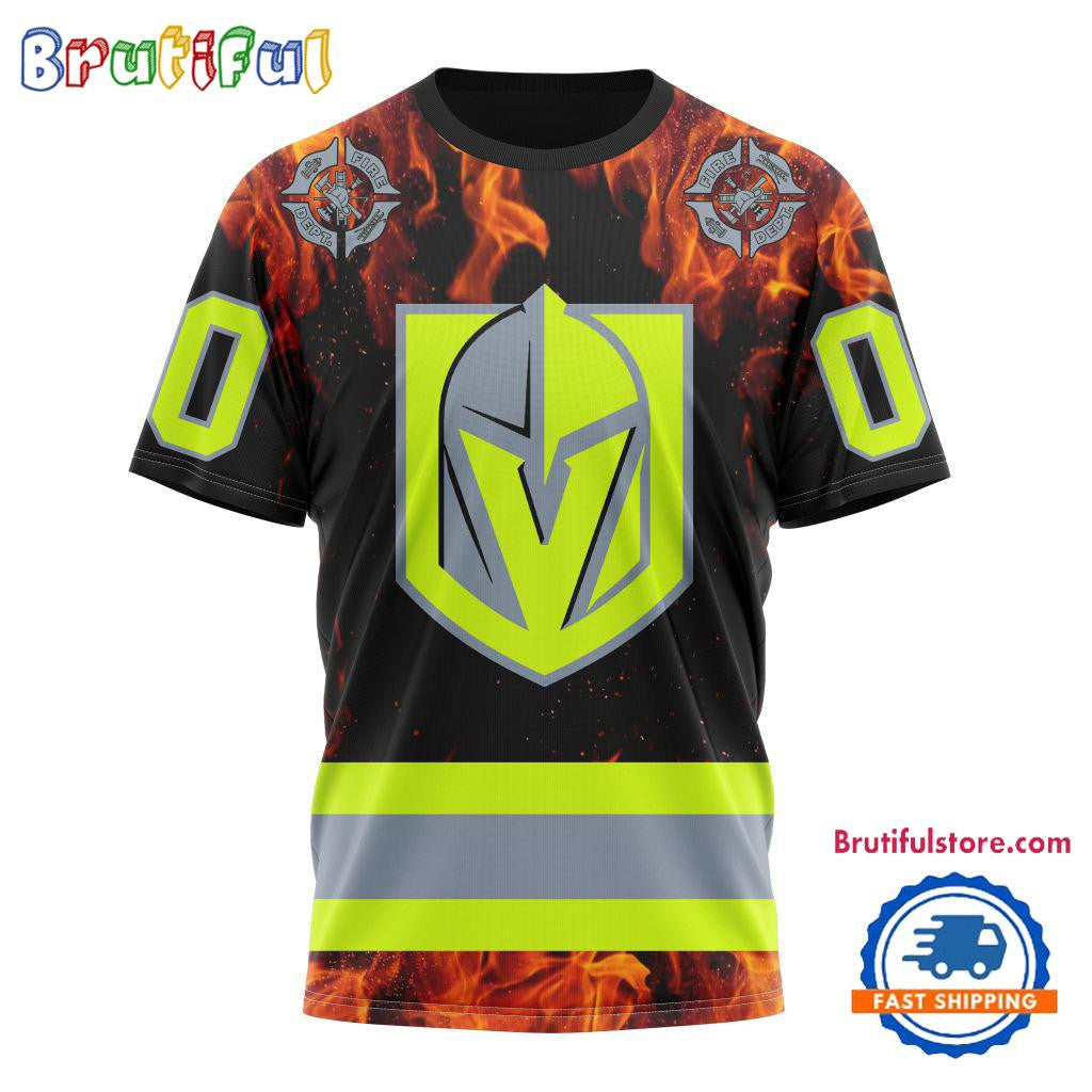 Vegas Golden Knights Special Honoring Firefighters Custom Name Number All Over Printed T-shirt - Black