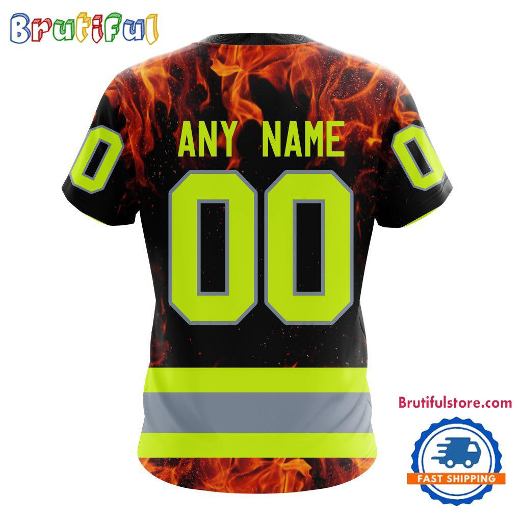 Vegas Golden Knights Special Honoring Firefighters Custom Name Number All Over Printed T-shirt - Black