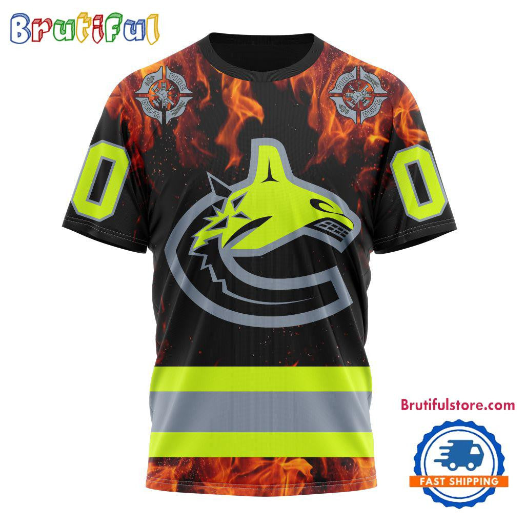 Vancouver Canucks Special Honoring Firefighters Custom Name Number All Over Printed T-shirt - Black