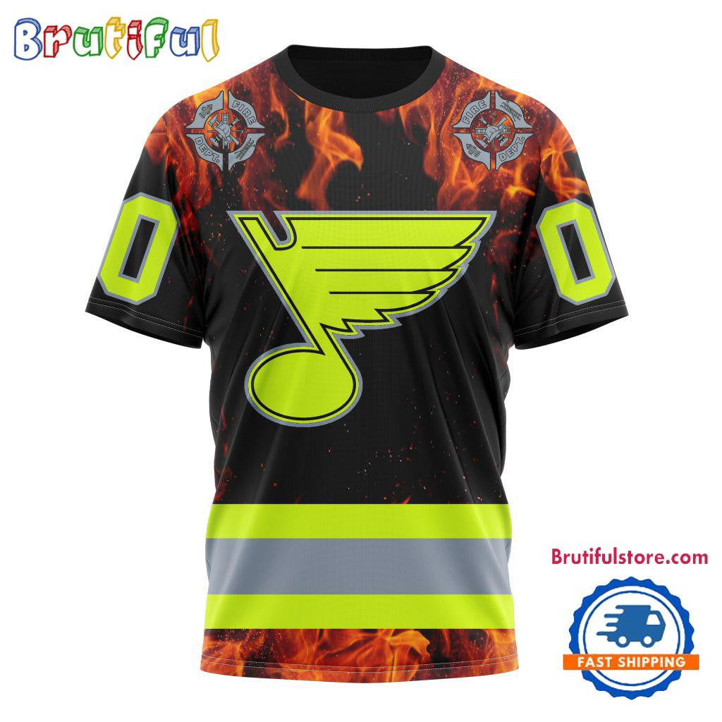 St. Louis Blues Special Honoring Firefighters Custom Name Number All Over Printed T-shirt - Black