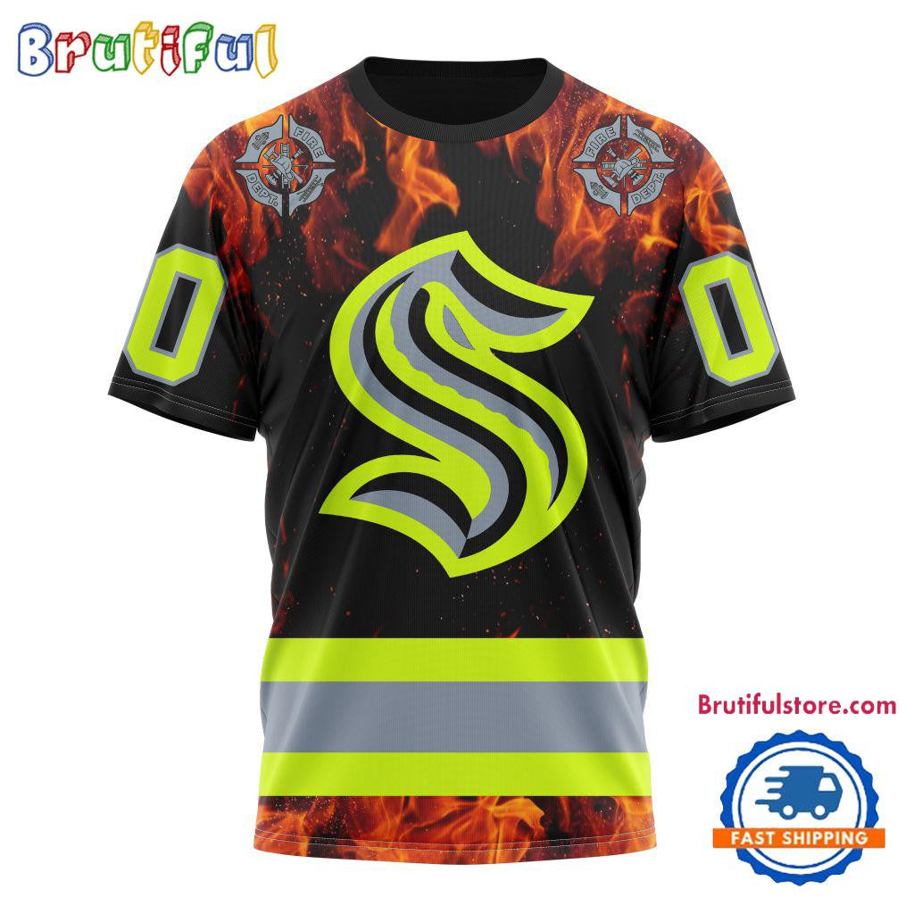 Seattle Kraken Special Honoring Firefighters Custom Name Number All Over Printed T-shirt - Black