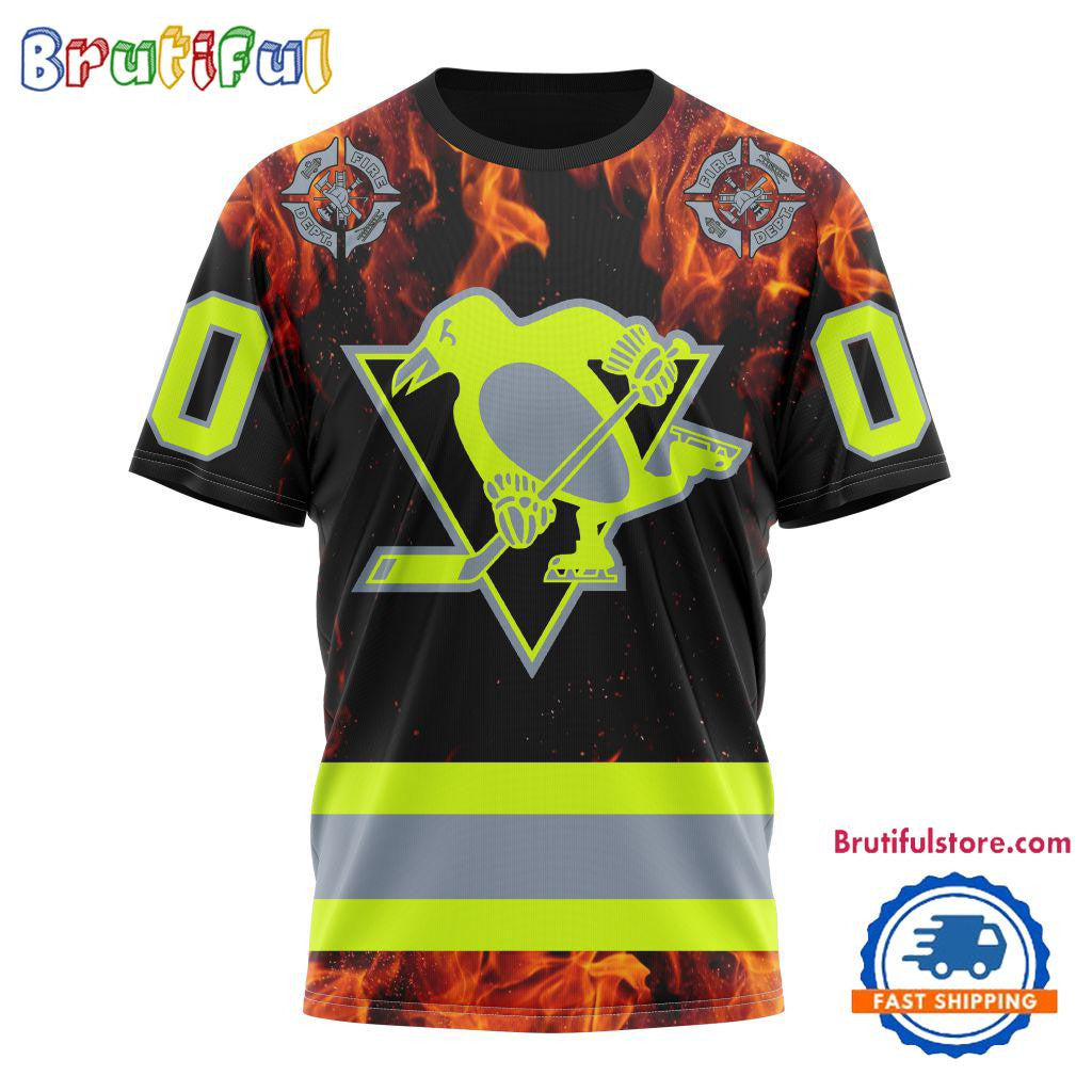 Pittsburgh Penguins Special Honoring Firefighters Custom Name Number All Over Printed T-shirt - Black