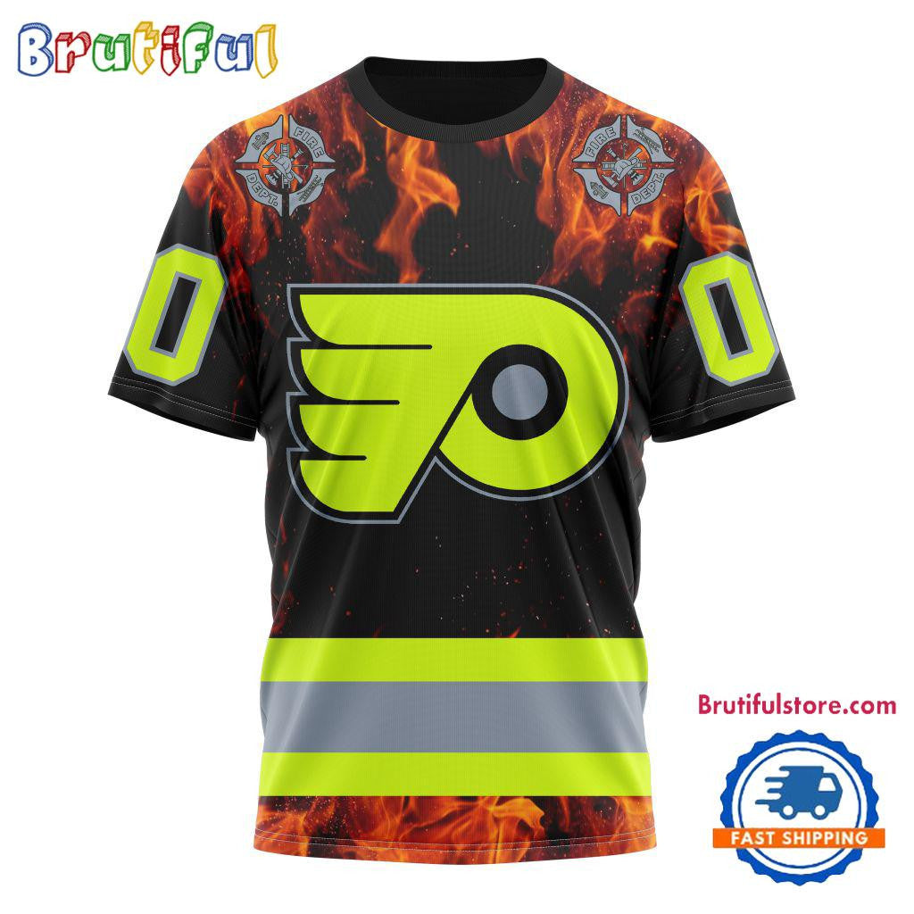 Philadelphia Flyers Special Honoring Firefighters Custom Name Number All Over Printed T-shirt - Black