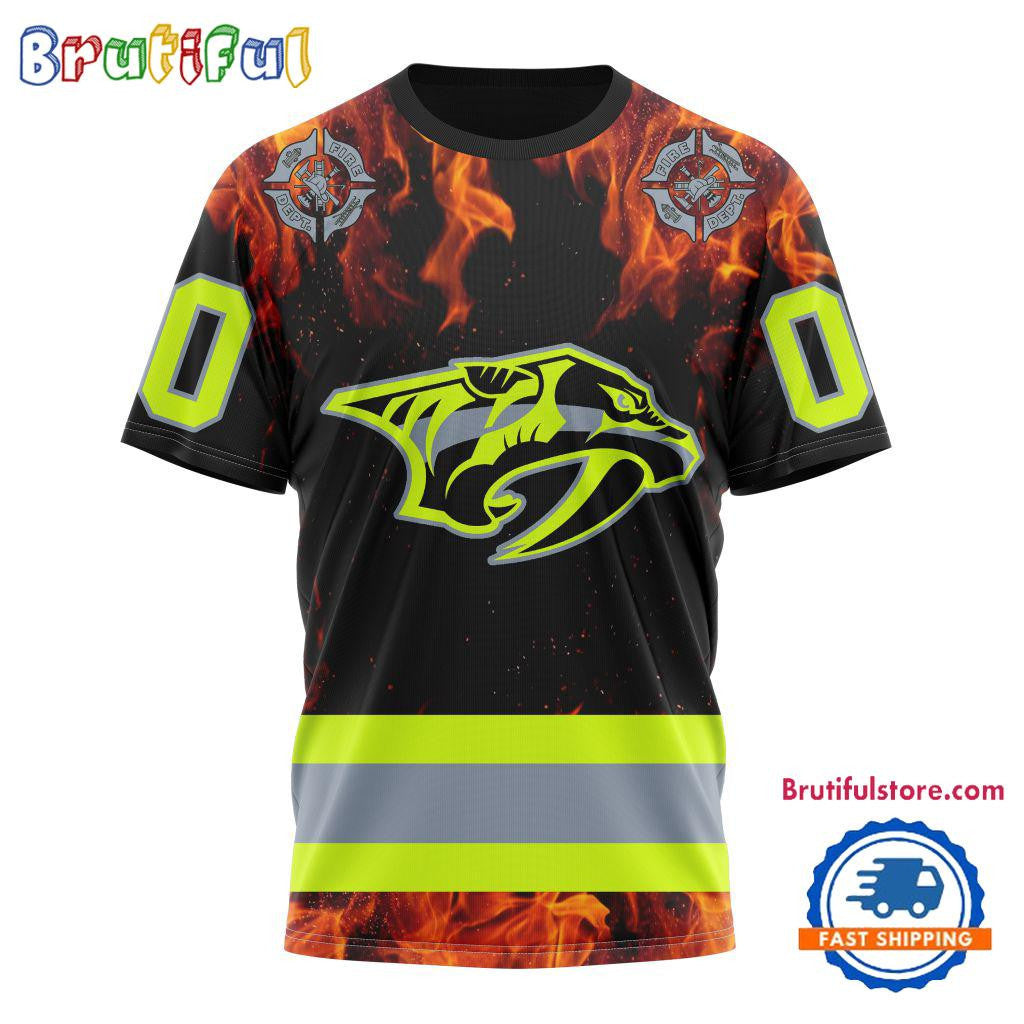 Nashville Predators Special Honoring Firefighters Custom Name Number All Over Printed T-shirt - Black