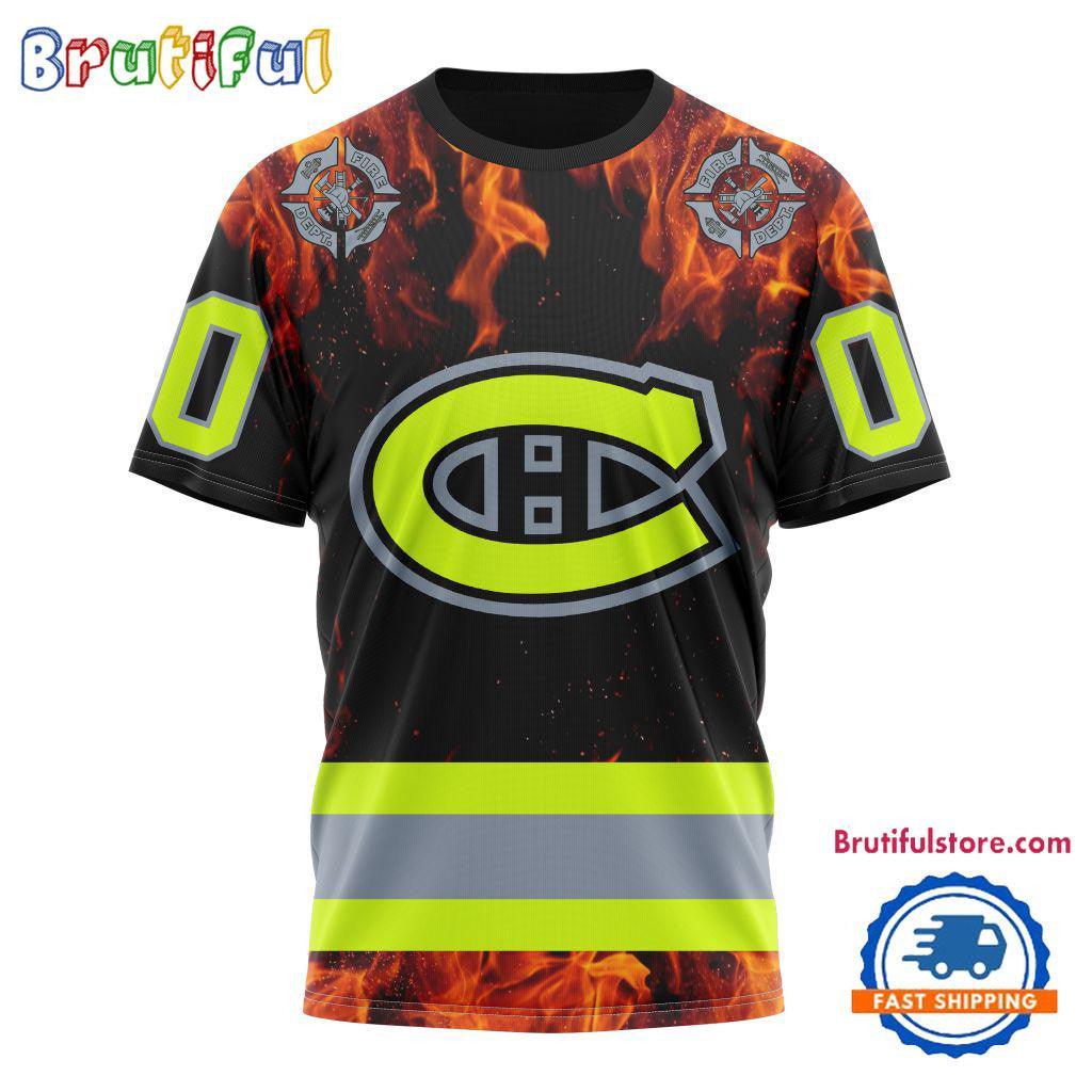 Montreal Canadiens Special Honoring Firefighters Custom Name Number All Over Printed T-shirt - Black