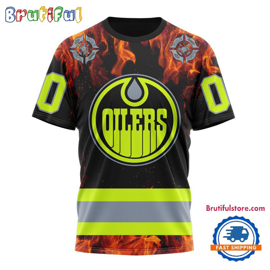 Edmonton Oilers Special Honoring Firefighters Custom Name Number All Over Printed T-shirt - Black