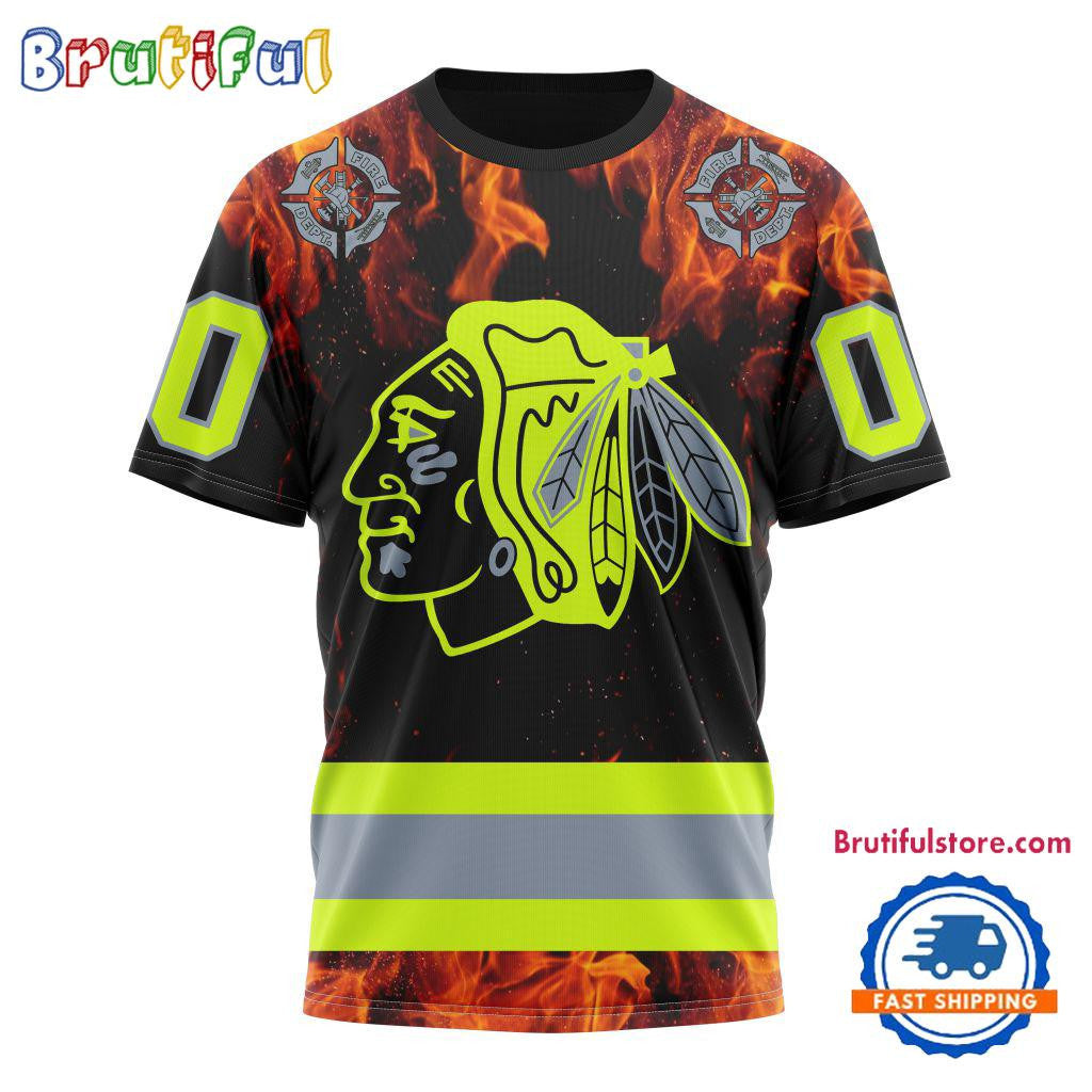 Chicago Blackhawks Special Honoring Firefighters Custom Name Number All Over Printed T-shirt - Black