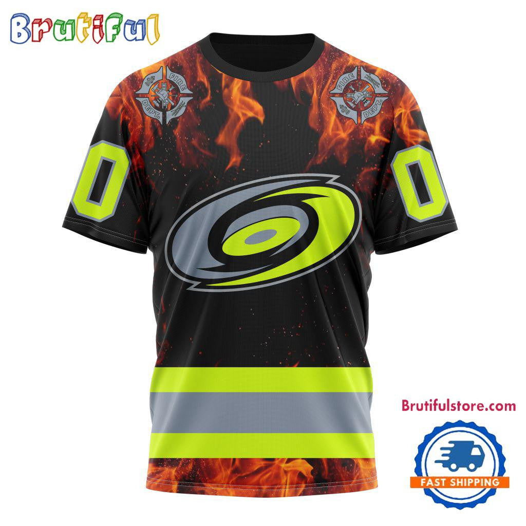 Carolina Hurricanes Special Honoring Firefighters Custom Name Number All Over Printed T-shirt - Black