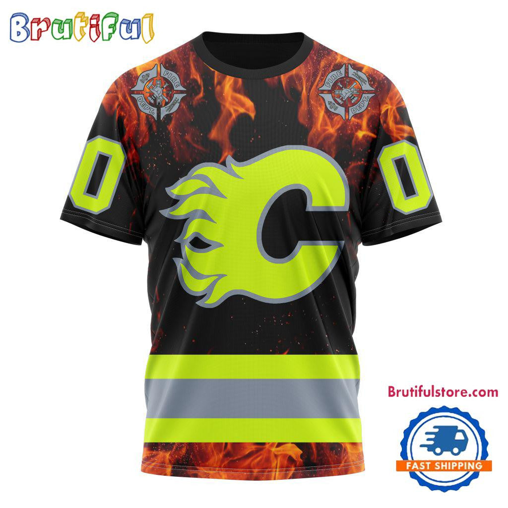 Calgary Flames Special Honoring Firefighters Custom Name Number All Over Printed T-shirt - Black