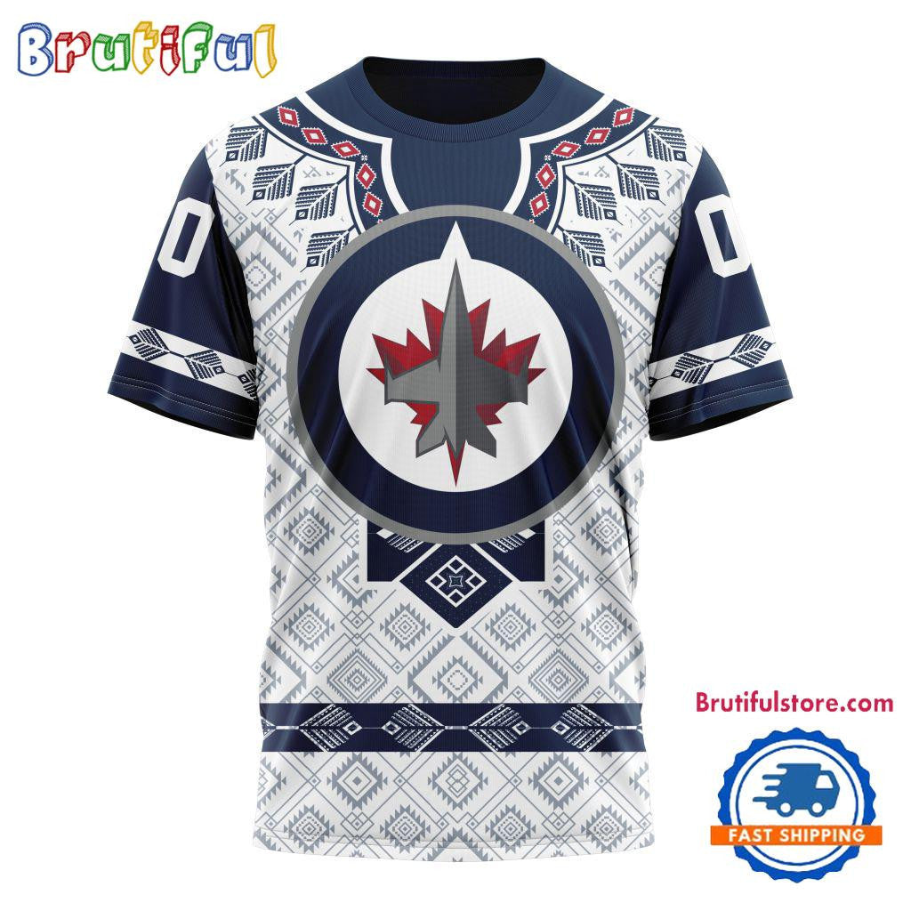 Winnipeg Jets Hockey Team Native Heritage Design Custom Name Number All Over Printed T-shirt - White
