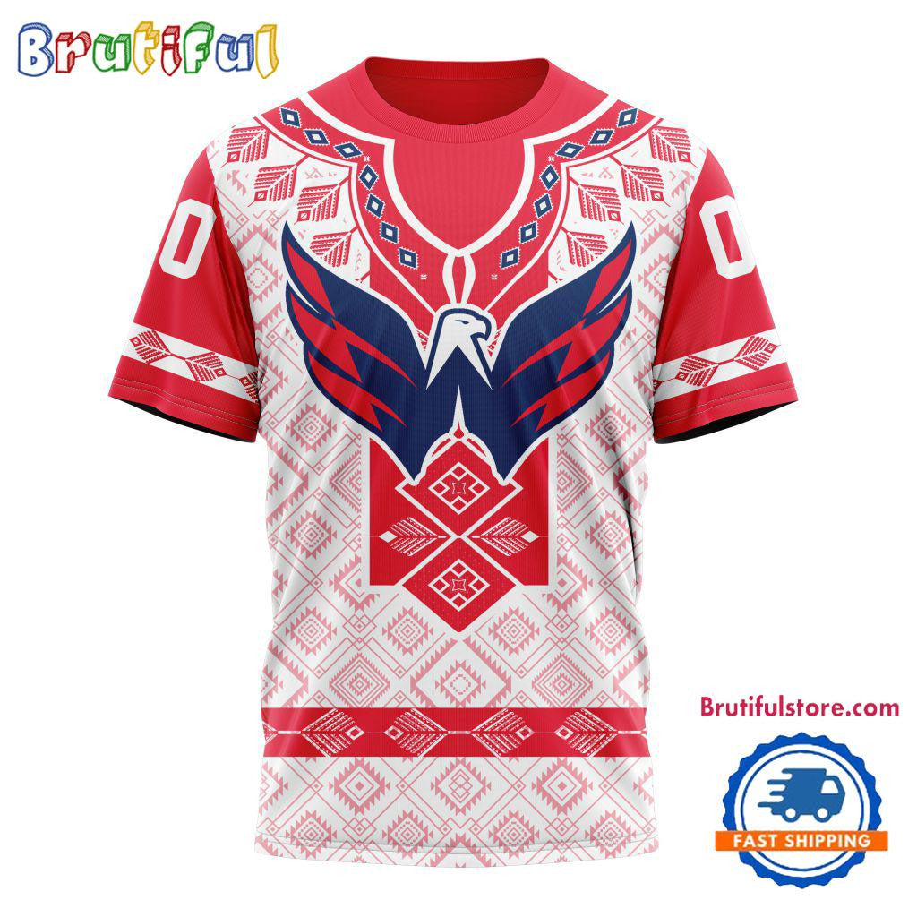 Washington Capitals Hockey Team Native Heritage Design Custom Name Number All Over Printed T-shirt - White