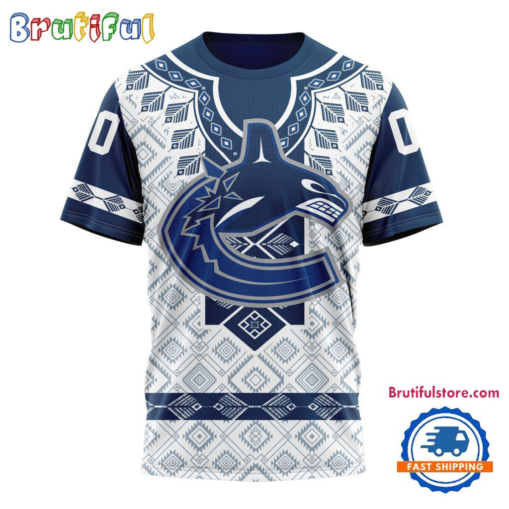 Vancouver Canucks Hockey Team Native Heritage Design Custom Name Number All Over Printed T-shirt - White