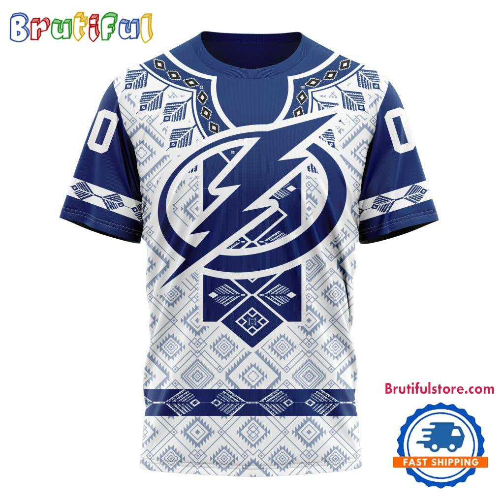 Tampa Bay Lightning Hockey Team Native Heritage Design Custom Name Number All Over Printed T-shirt - White
