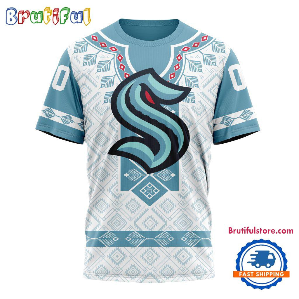 Seattle Kraken Hockey Team Native Heritage Design Custom Name Number All Over Printed T-shirt - White