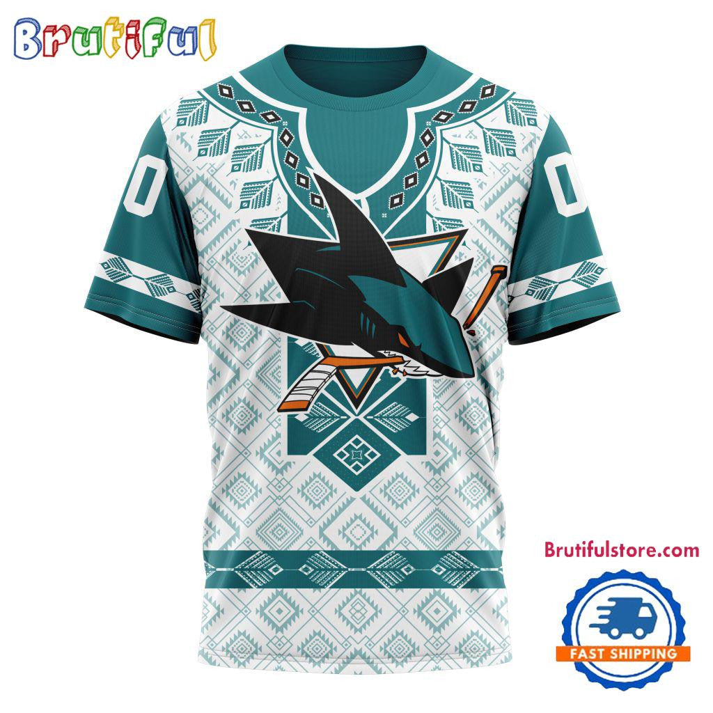 San Jose Sharks Hockey Team Native Heritage Design Custom Name Number All Over Printed T-shirt - White