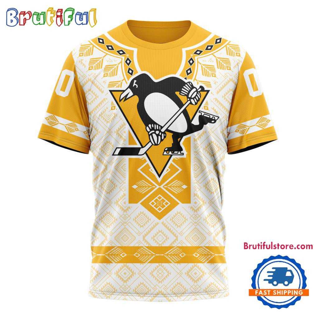 Pittsburgh Penguins Hockey Team Native Heritage Design Custom Name Number All Over Printed T-shirt - White