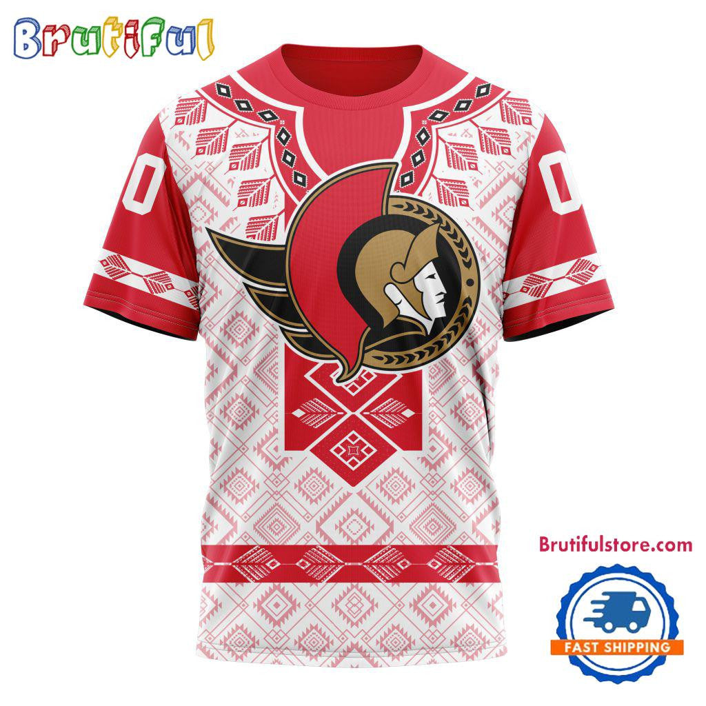 Ottawa Senators Hockey Team Native Heritage Design Custom Name Number All Over Printed T-shirt - White