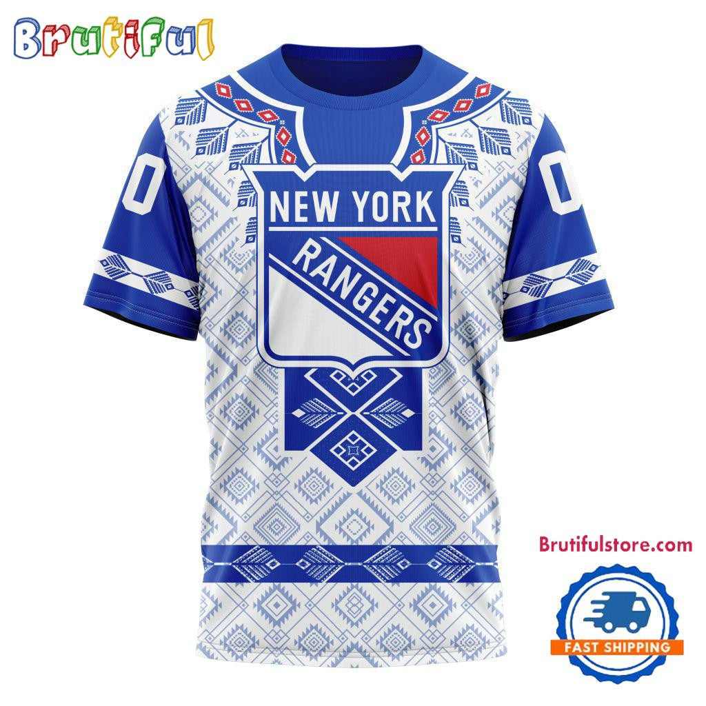 New York Rangers Hockey Team Native Heritage Design Custom Name Number All Over Printed T-shirt - White