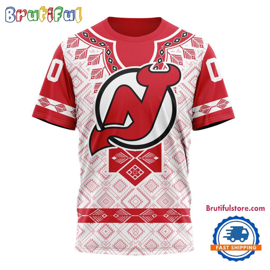 New Jersey Devils Hockey Team Native Heritage Design Custom Name Number All Over Printed T-shirt - White