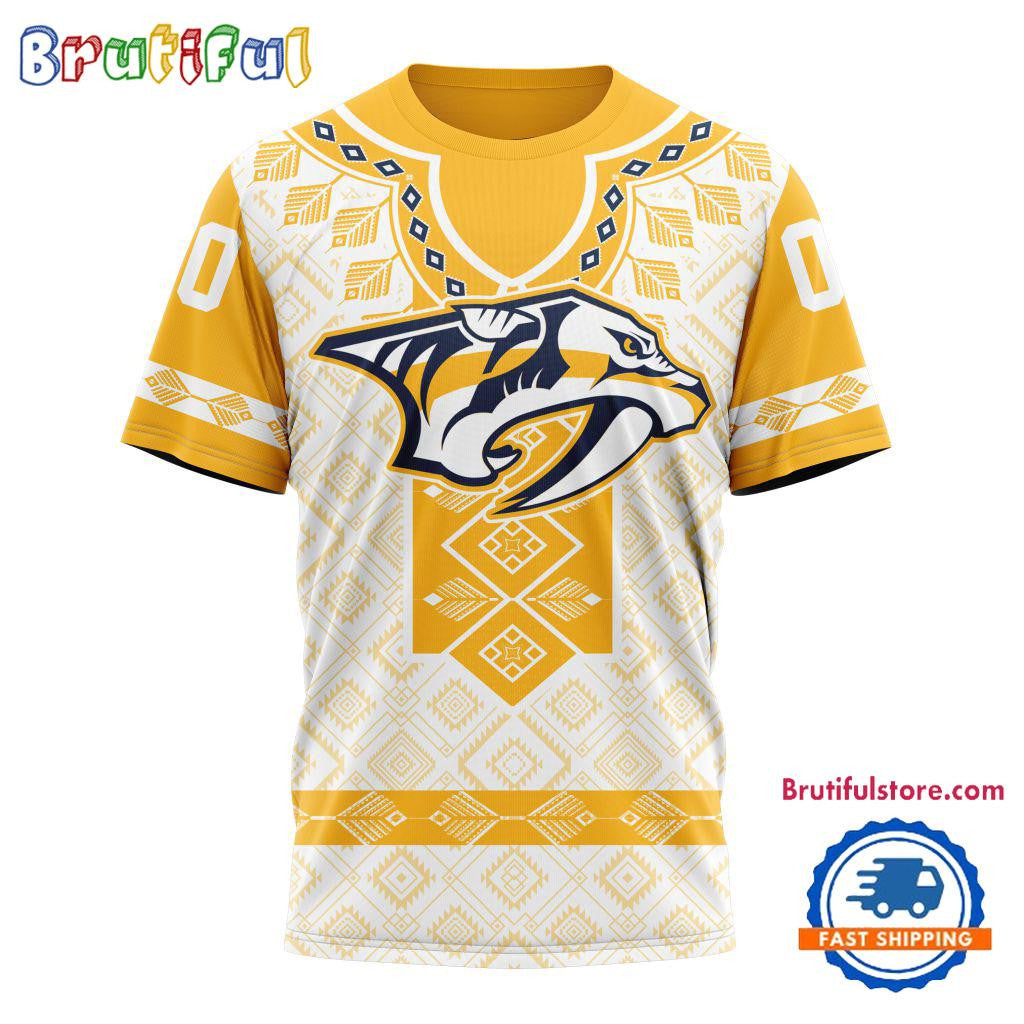 Nashville Predators Hockey Team Native Heritage Design Custom Name Number All Over Printed T-shirt - White