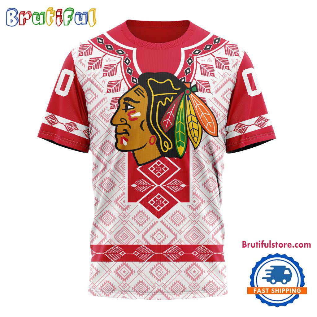 Chicago Blackhawks Hockey Team Native Heritage Design Custom Name Number All Over Printed T-shirt - White